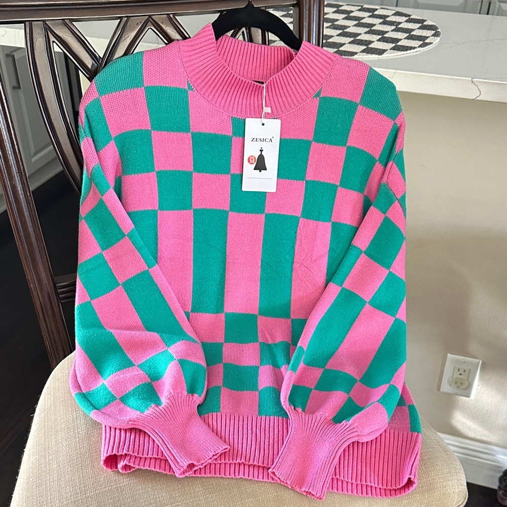 Pink and Green Checkered Sweater